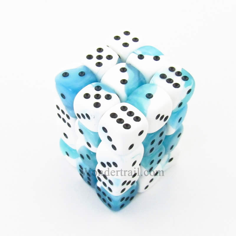 CHX26844 White Teal Gemini Dice Black Pips D6 12mm (1/2in) Pack of 36 (ONLINE ORDER ONLY)
