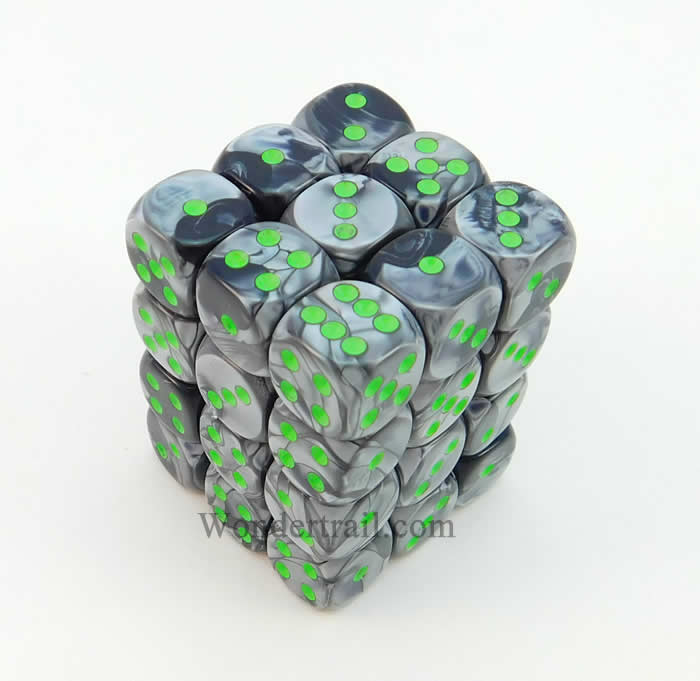 CHX26845 Black Gray Gemini Dice Green Pips D6 12mm (1/2in) Pack of 36 (ONLINE ORDER ONLY)