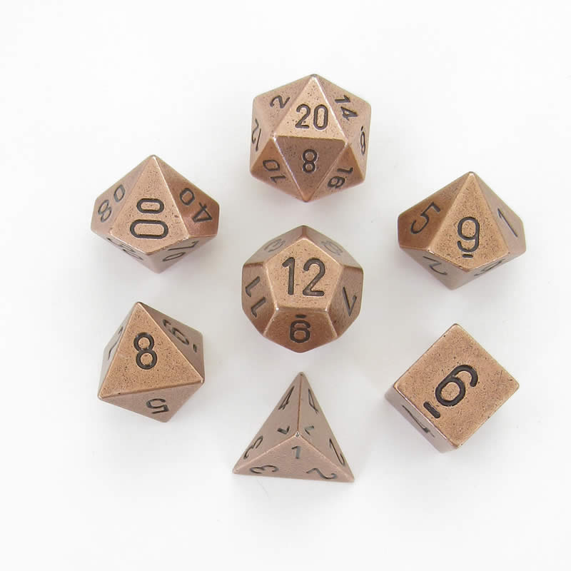 CHX27024 Metal Copper Colored Dice Black Numbers 16mm (5/8in) Set of 7 (ONLINE ORDER ONLY)