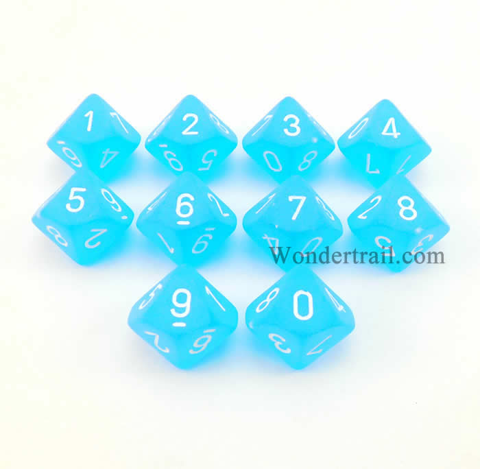 CHX27216 Caribbean Blue Frosted Dice White Numbers D10 16mm Pack of 10 (ONLINE ORDER ONLY)
