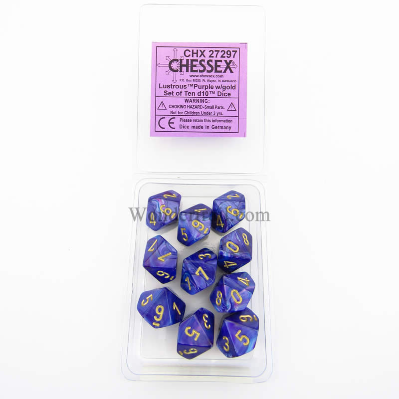 CHX27297 Purple Lustrous Dice Gold Numbers D10 16mm (5/8in) Pack of 10 (ONLINE ORDER ONLY)