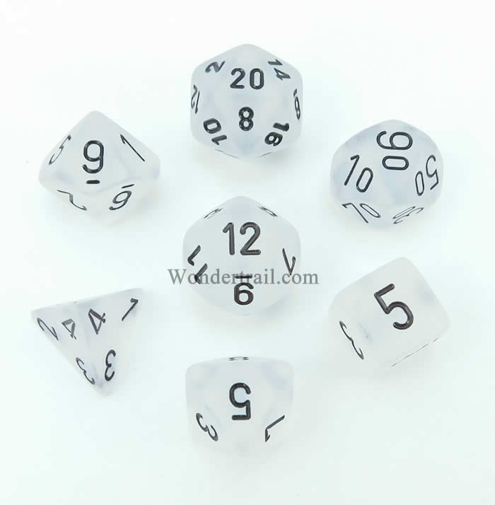 CHX27401 Clear Frosted Dice with Black Numbers 16mm (5/8in) Set of 7 (ONLINE ORDER ONLY)