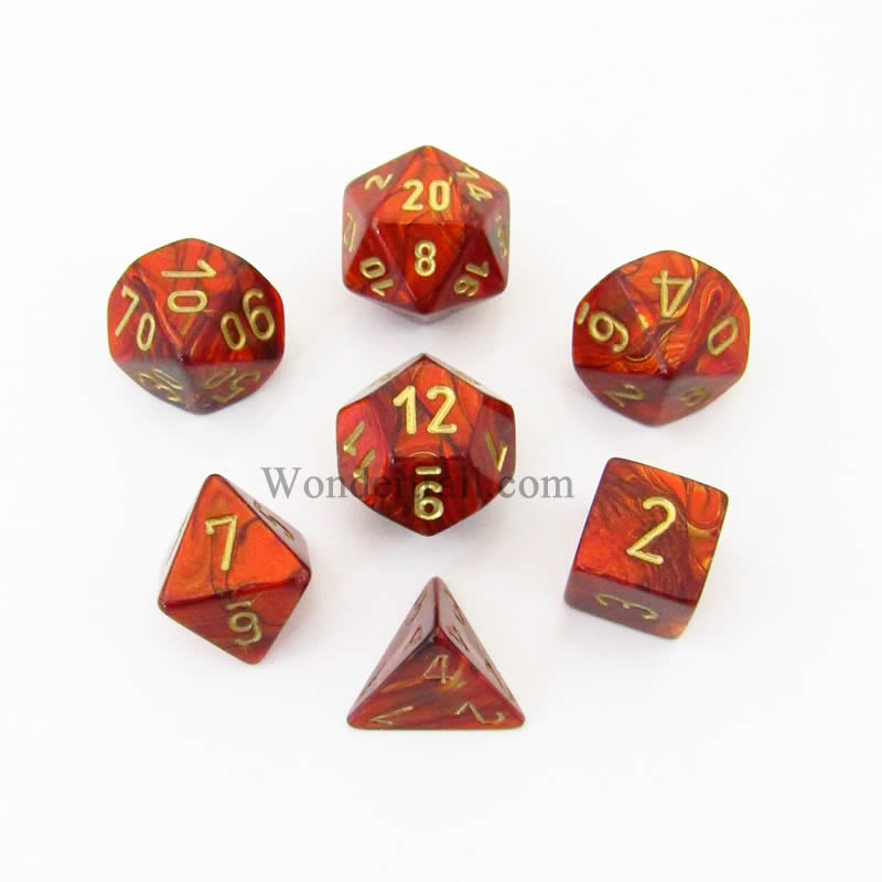 CHX27414 Scarlet Scarab Dice with Gold Numbers 16mm (5/8in) Set of 7 (ONLINE ORDER ONLY)