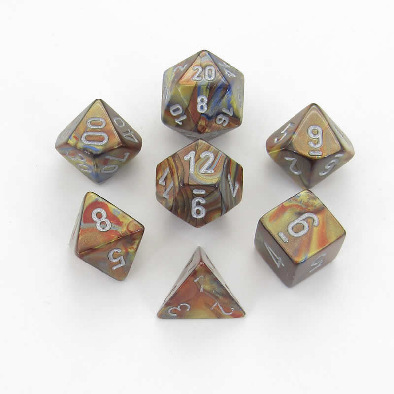 CHX27493 Gold Lustrous Dice with Silver Numbers 16mm (5/8in) Set of 7