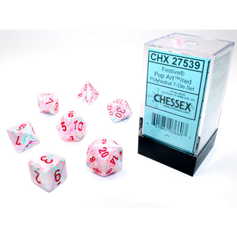 CHX27539 Pop Art Festive Dice with Red Numbers 16mm (5/8in) Set of 7 (ONLINE ORDER ONLY)
