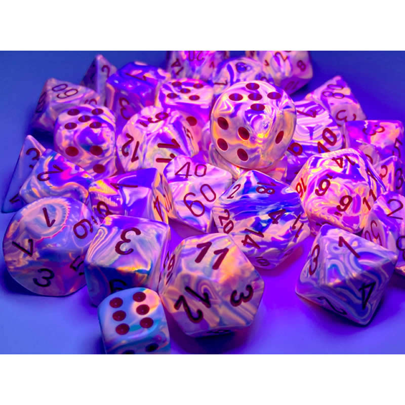 CHX27539 Pop Art Festive Dice with Red Numbers 16mm (5/8in) Set of 7 (ONLINE ORDER ONLY)