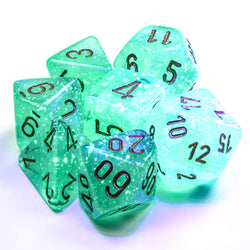 CHX27575 Light Green Borealis Dice Luminary Gold Numbers 16mm (5/8in) Set of 7 (ONLINE ORDER ONLY)