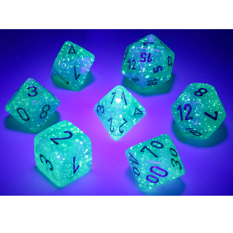 CHX27575 Light Green Borealis Dice Luminary Gold Numbers 16mm (5/8in) Set of 7 (ONLINE ORDER ONLY)
