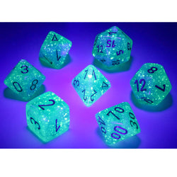 CHX27575 Light Green Borealis Dice Luminary Gold Numbers 16mm (5/8in) Set of 7 (ONLINE ORDER ONLY)