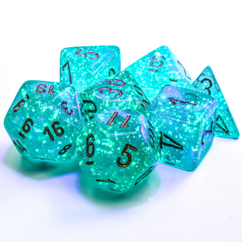 CHX27585 Teal Borealis Dice Luminary with Gold Numbers 16mm (5/8in) Set of 7 (ONLINE ORDER ONLY)