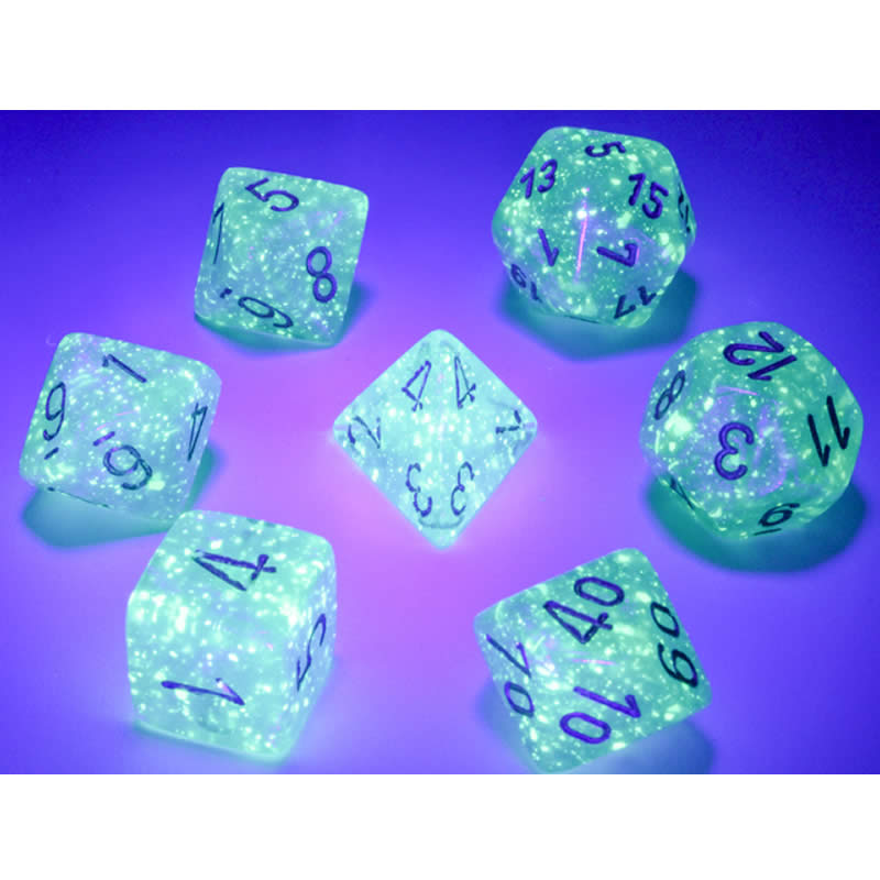 CHX27585 Teal Borealis Dice Luminary with Gold Numbers 16mm (5/8in) Set of 7 (ONLINE ORDER ONLY)