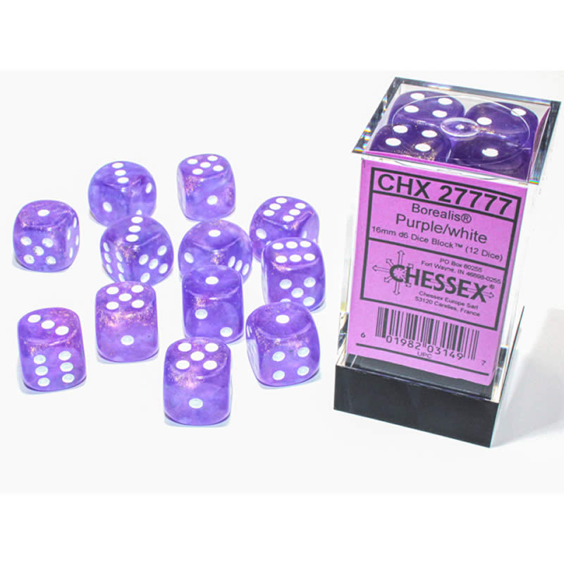 CHX27777 Purple Borealis Dice Luminary White Pips D6 16mm (5/8in) Pack of 12 (ONLINE ORDER ONLY)