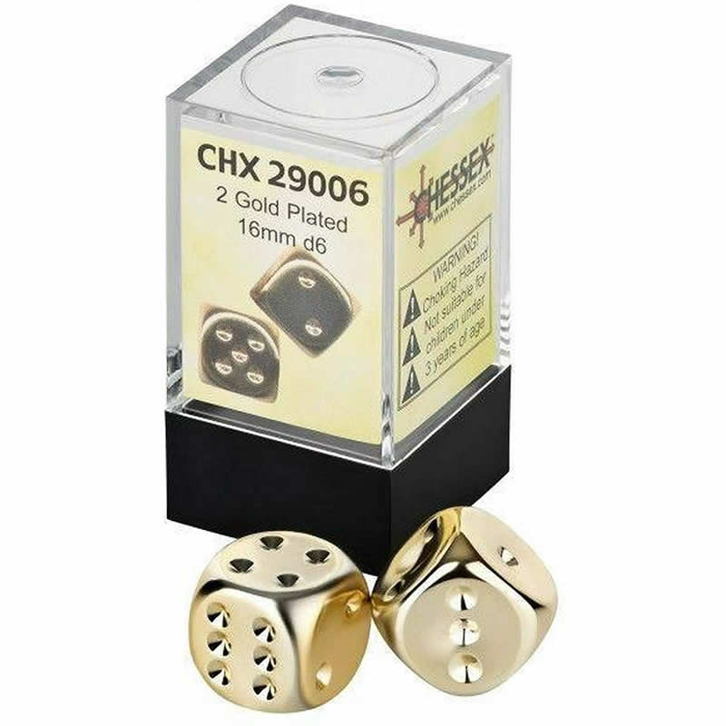 CHX29006 Gold Metallic Coated Dice with Pips D6 16mm (5/8in) Pack of 2 Chessex (ONLINE ORDER ONLY)