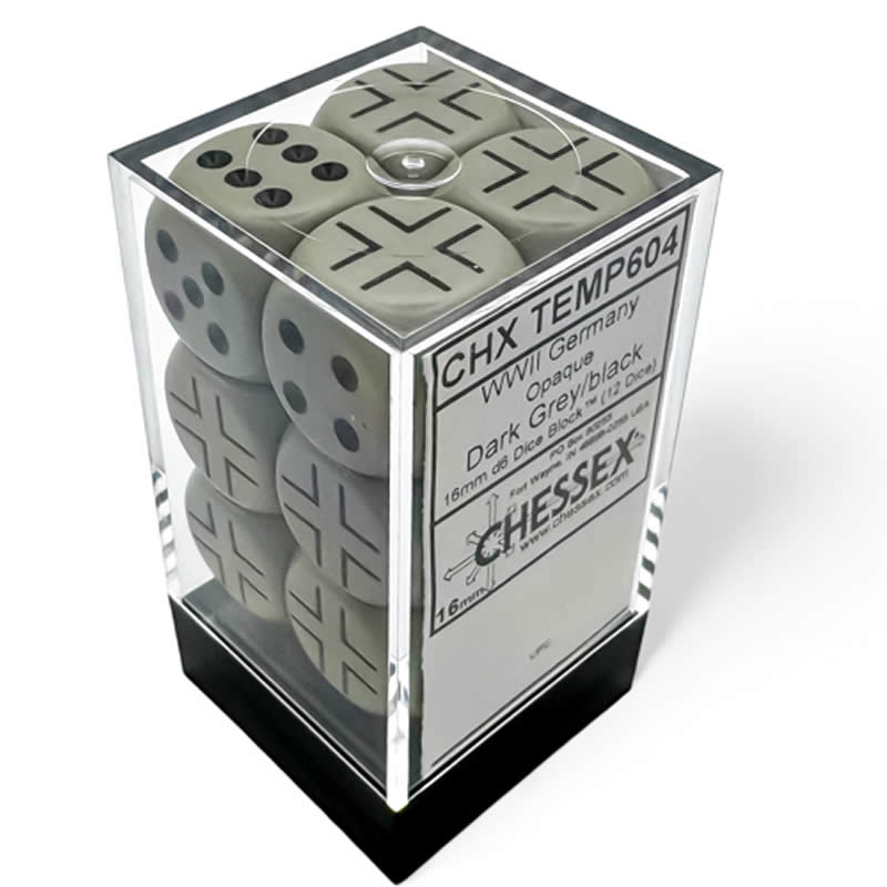 CHX29061 Dark Grey Germany War Dice with Black Pips 16mm (5/8in) Pack of 12 (ONLINE ORDER ONLY)