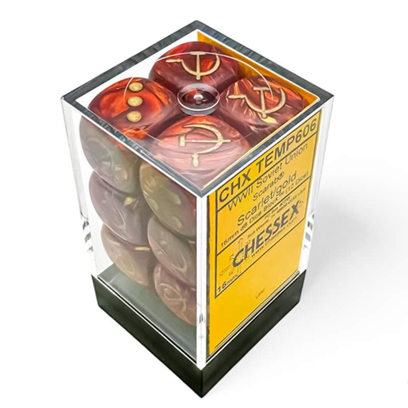 CHX29063 Scarlet Scarab Soviet Union War Dice with Gold Colored Pips 16mm (5/8in) Pack of 12 (ONLINE ORDER ONLY)