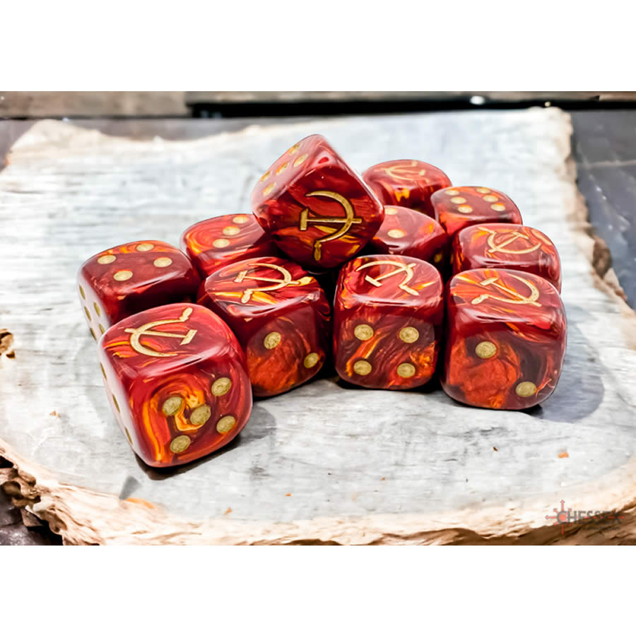 CHX29063 Scarlet Scarab Soviet Union War Dice with Gold Colored Pips 16mm (5/8in) Pack of 12 (ONLINE ORDER ONLY)