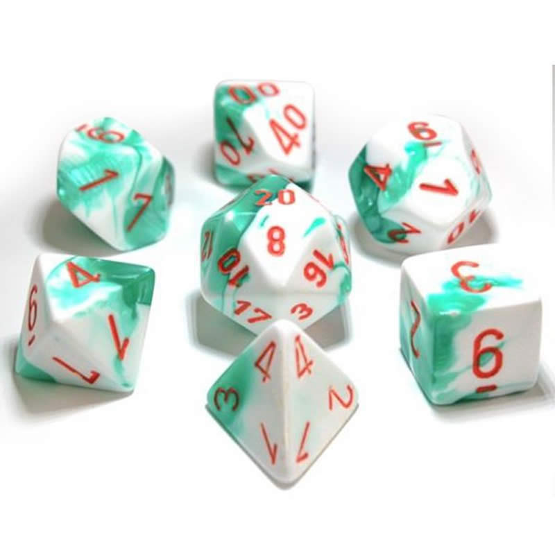 CHX30020 Mint Green White Gemini Dice Orange Numbers 16mm (5/8in) Set of 7 (ONLINE ORDER ONLY)