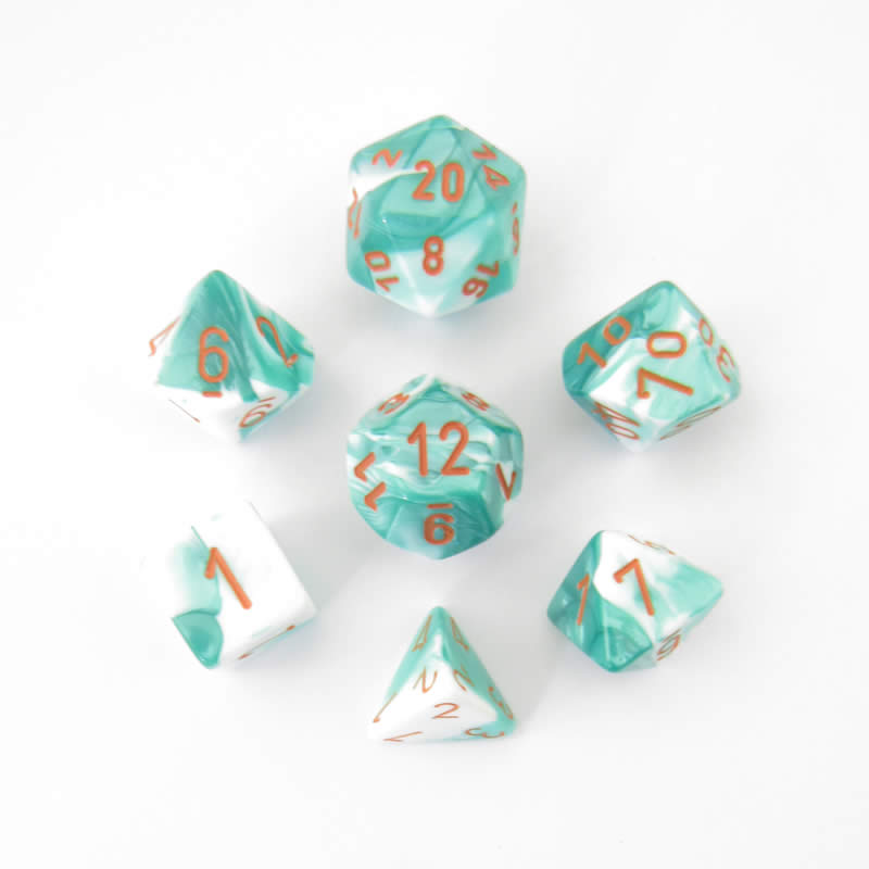 CHX30020 Mint Green White Gemini Dice Orange Numbers 16mm (5/8in) Set of 7 (ONLINE ORDER ONLY)