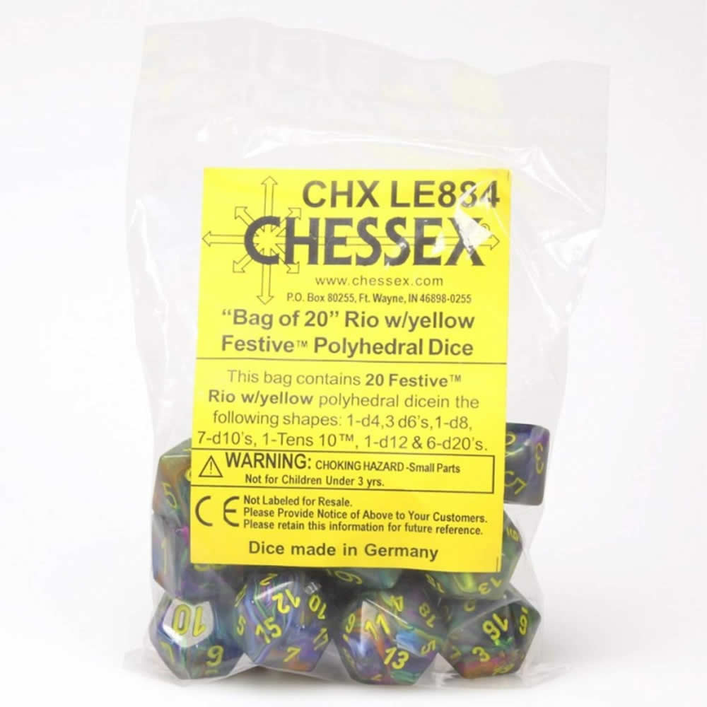 CHXLE884 Rio Festive Dice with Yellow Numbers 16mm (5/8in) Pack of 20 (ONLINE ORDER ONLY)