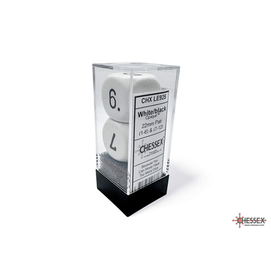 CHXLE925 White Dice with Black Numbers 1-6 and 7-12 D6 22mm (7/8in) Pack of 2 Chessex (ONLINE ORDER ONLY)