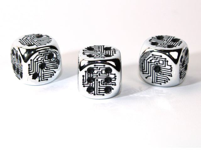 Silver Metal-Plated Over Plastic d6 – Circuit Design | 16mm Pipped Die (Sold Individually) (Online Only)