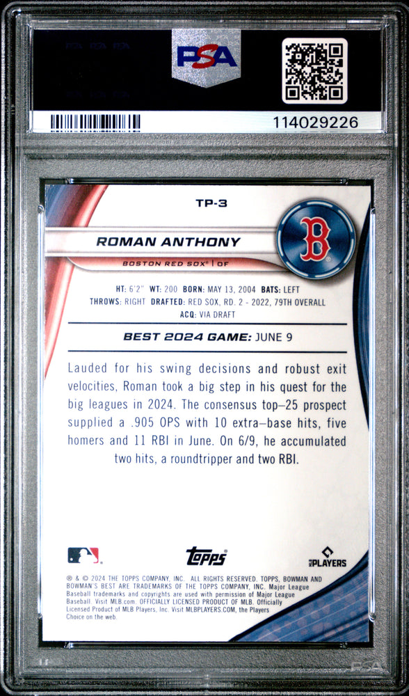 Graded 2024 Topps Bowmans Best Roman Anthony #TP3 Top Prospects Aqua Lava /199 Rookie RC Baseball Card PSA 10 Gem Mint (ONLINE ORDER ONLY)