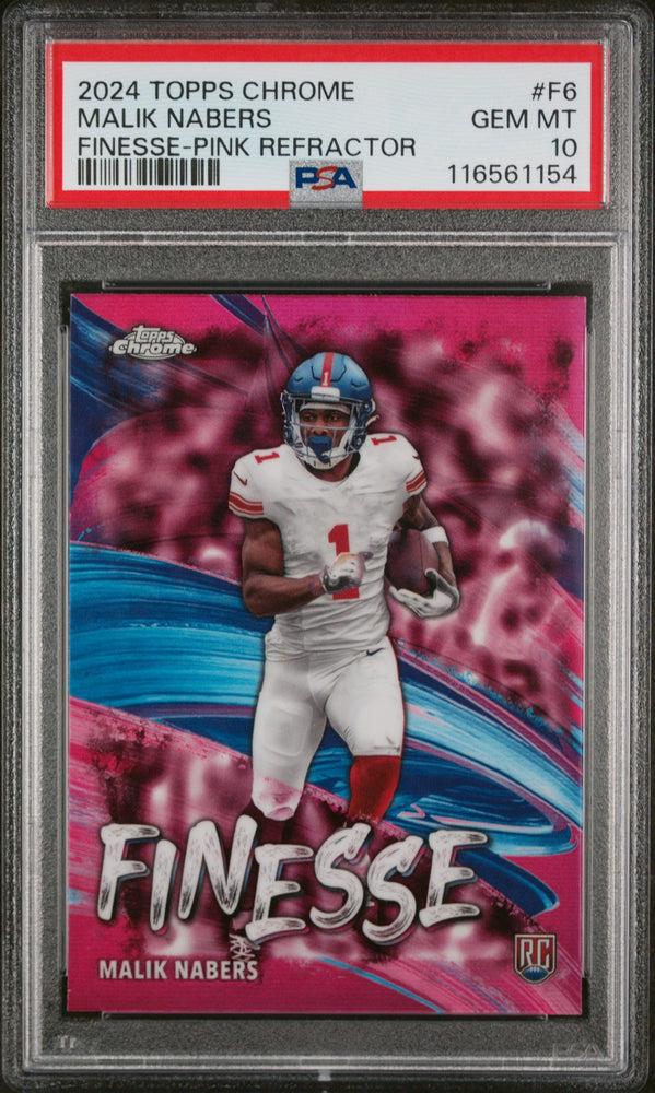 Graded 2024 Topps Chrome Malik Nabers #F6 Finesse Pink Refractor Rookie RC Football Card PSA 10 Gem Mint (ONLINE ORDER ONLY)