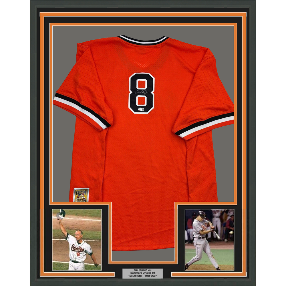 Framed Autographed/Signed Cal Ripken Jr. 35x39 Baltimore Orange Baseball Jersey Beckett BAS COA