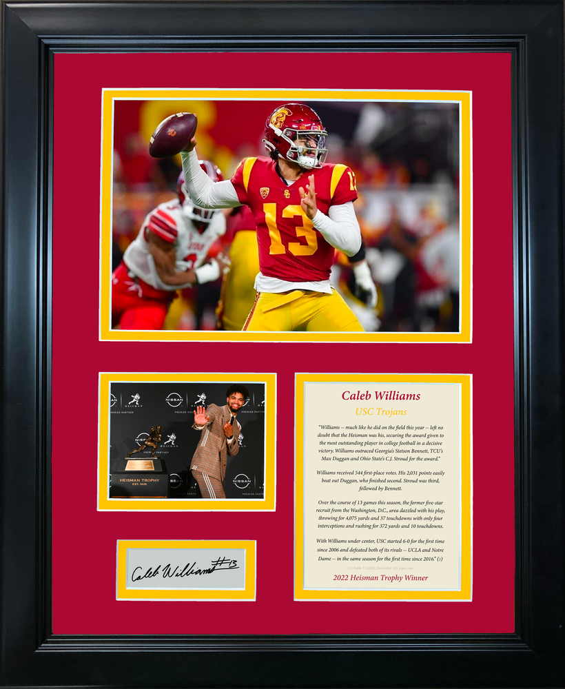 Framed Caleb Williams Heisman Trophy Winner Facsimile Laser Engraved Signature Auto USC Trojans 11"x14" College Football Photo Sig Collage (ONLINE ORDER ONLY)