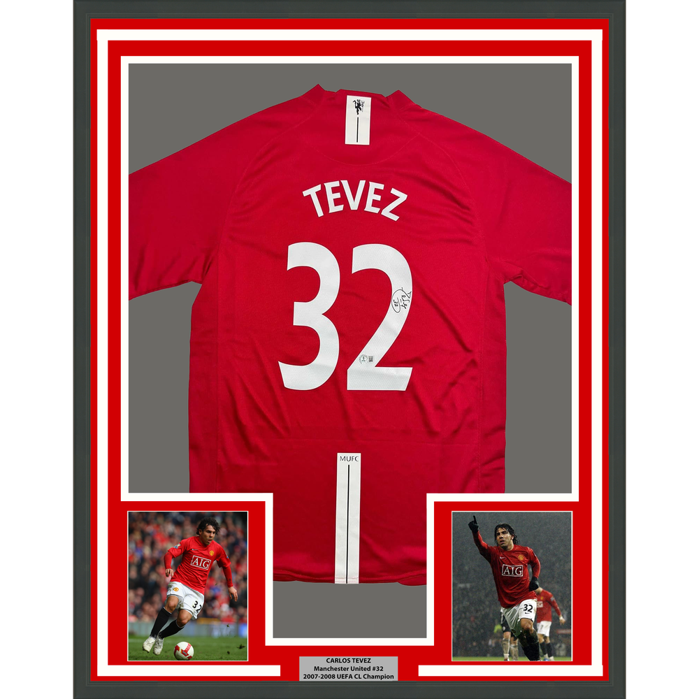 Framed Autographed/Signed Carlos Tevez 35x39 Manchester United Red Soccer Jersey Beckett BAS COA