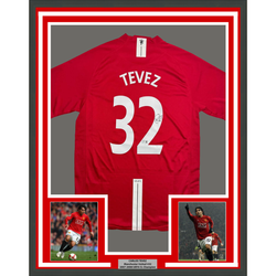 Framed Autographed/Signed Carlos Tevez 35x39 Manchester United Red Soccer Jersey Beckett BAS COA