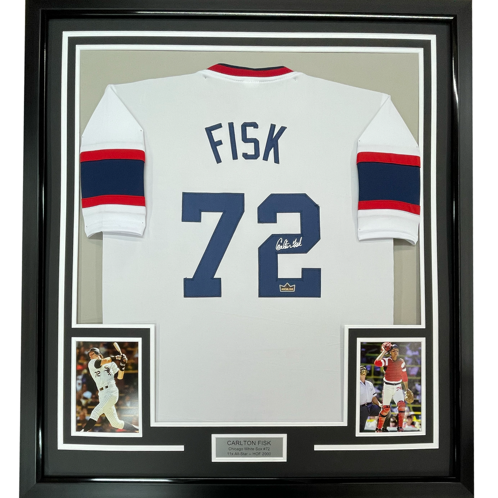 Framed Facsimile Autographed Carlton Fisk 35x39 Chicago White Retro Reprint Laser Auto Baseball Jersey (ONLINE ORDER ONLY)