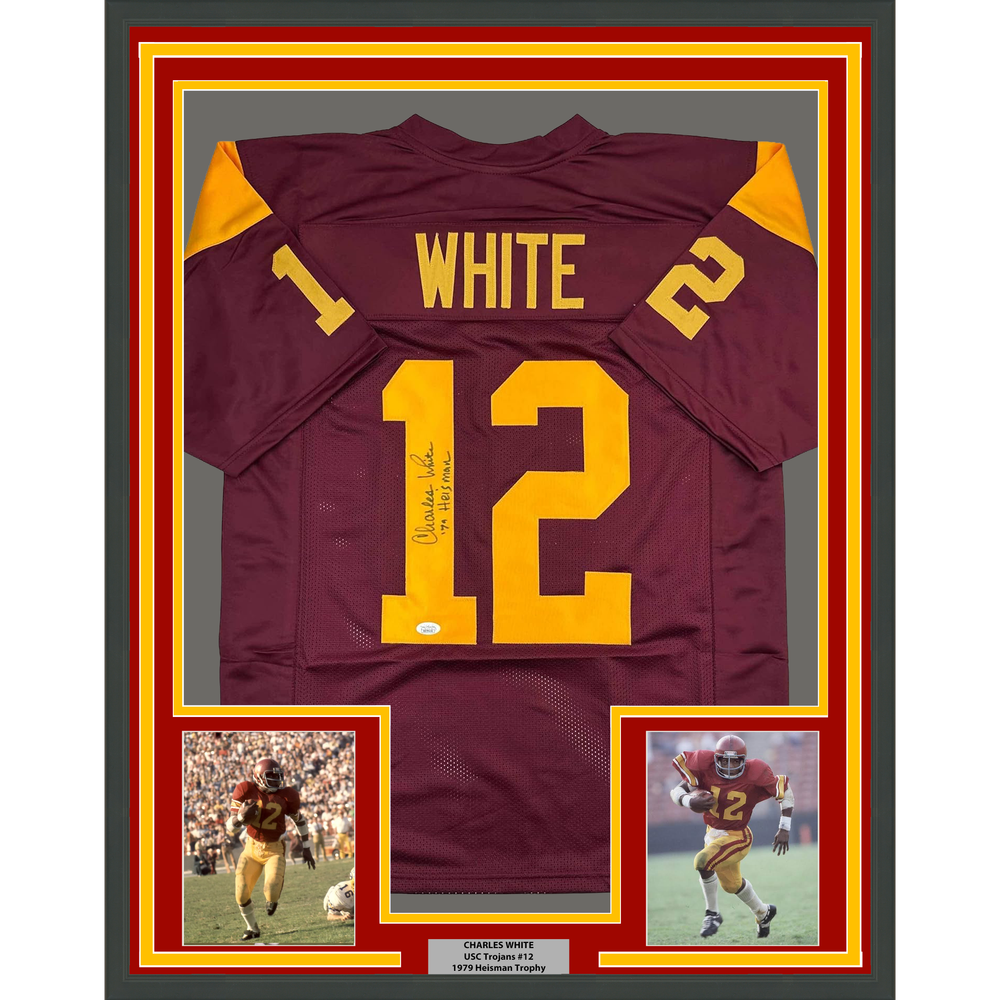 Framed Autographed/Signed Charles White 35x39 79 Heisman USC Southen Cal Maroon College Football Jersey JSA COA
