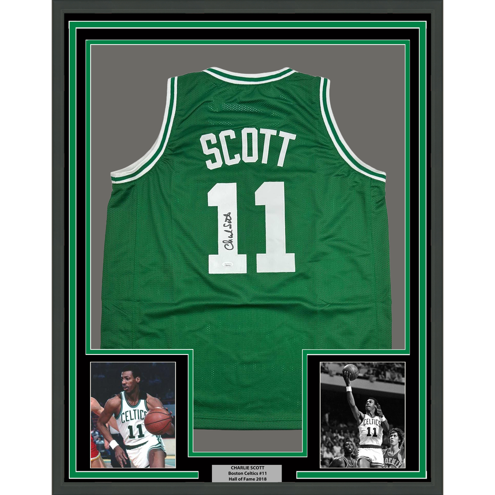 Framed Autographed/Signed Charlie Scott 35x39 Boston Green Basketball Jersey JSA COA