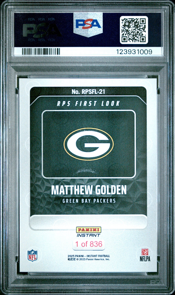 Graded 2025 Panini Instant Matthew Golden #RPSFL21 RPS First Look Rookie RC Football Card PSA 9 Mint (ONLINE ORDER ONLY)