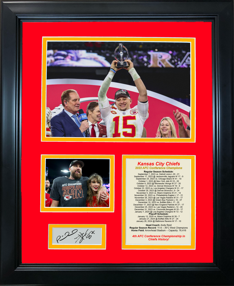Framed 2023 Kansas City Chiefs AFC Champions Patrick Mahomes Travis Kelce Facsimile Laser Engraved Signatures Auto Football 11"x14" Photo Sig Collage (ONLINE ORDER ONLY)