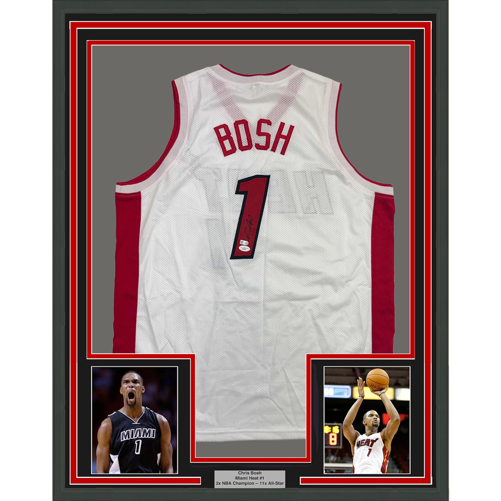 Framed Autographed/Signed Chris Bosh 35x39 Miami White Basketball Jersey JSA COA