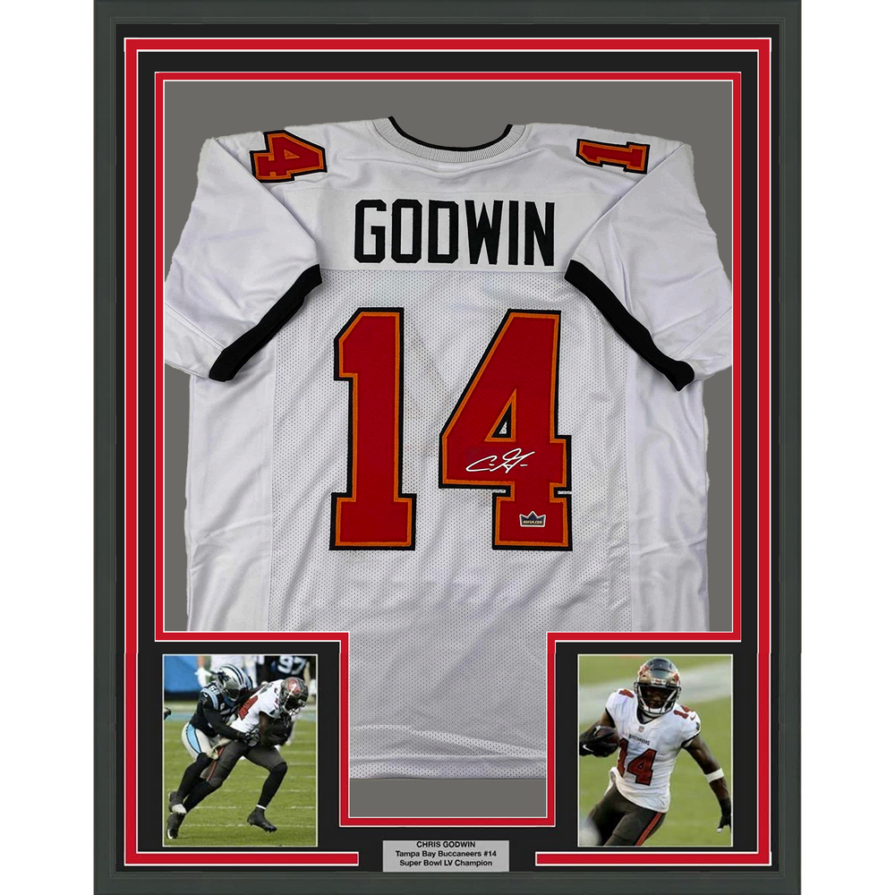Framed Facsimile Autographed Chris Godwin 35x39 Tampa Bay White Reprint Laser Auto Football Jersey (ONLINE ORDER ONLY)