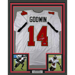 Framed Facsimile Autographed Chris Godwin 35x39 Tampa Bay White Reprint Laser Auto Football Jersey (ONLINE ORDER ONLY)