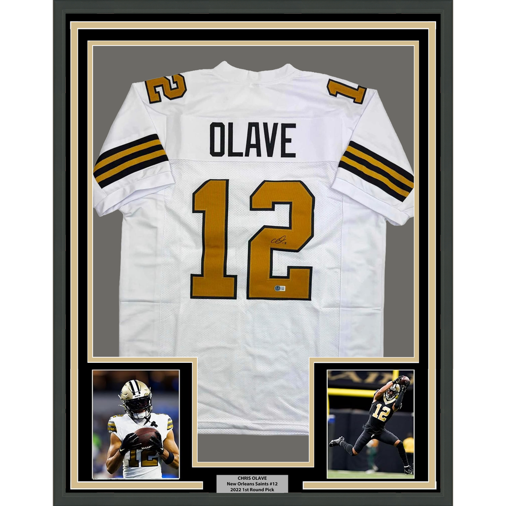 Framed Autographed/Signed Chris Olave 35x39 New Orleans White Color Rush Football Jersey Beckett BAS COA
