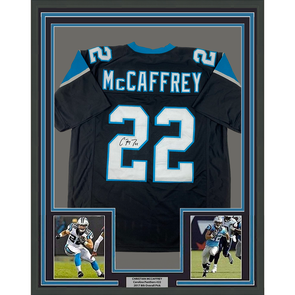 Framed Facsimile Autographed Christian McCaffrey 35x39 Carolina Black Reprint Laser Auto Football Jersey Size Men's XL (ONLINE ORDER ONLY)