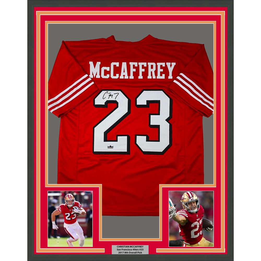 Framed Facsimile Autographed Christian McCaffrey 35x39 San Francisco Red Alternate Reprint Laser Auto Football Jersey (ONLINE ORDER ONLY)
