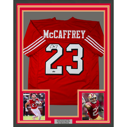 Framed Facsimile Autographed Christian McCaffrey 35x39 San Francisco Red Alternate Reprint Laser Auto Football Jersey (ONLINE ORDER ONLY)
