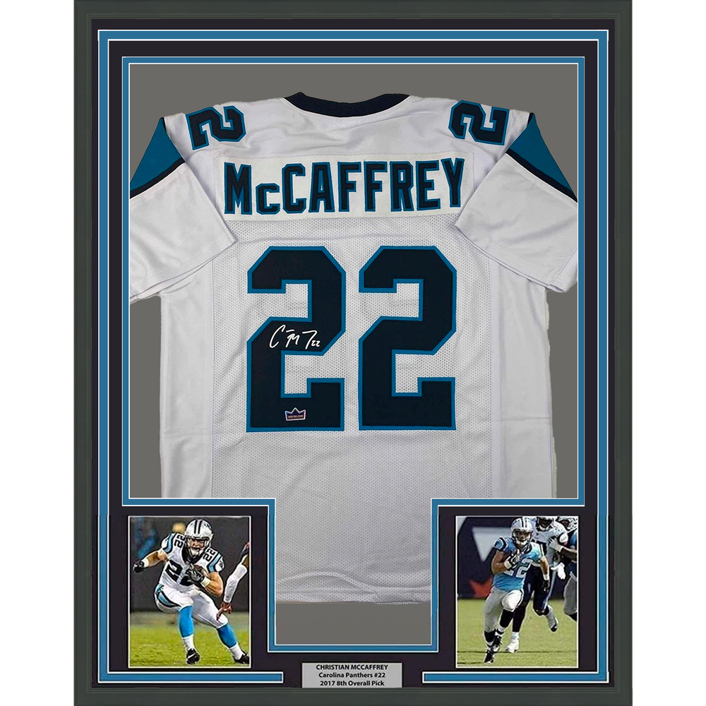 Framed Facsimile Autographed Christian McCaffrey 35x39 Carolina White Reprint Laser Auto Football Jersey (ONLINE ORDER ONLY)