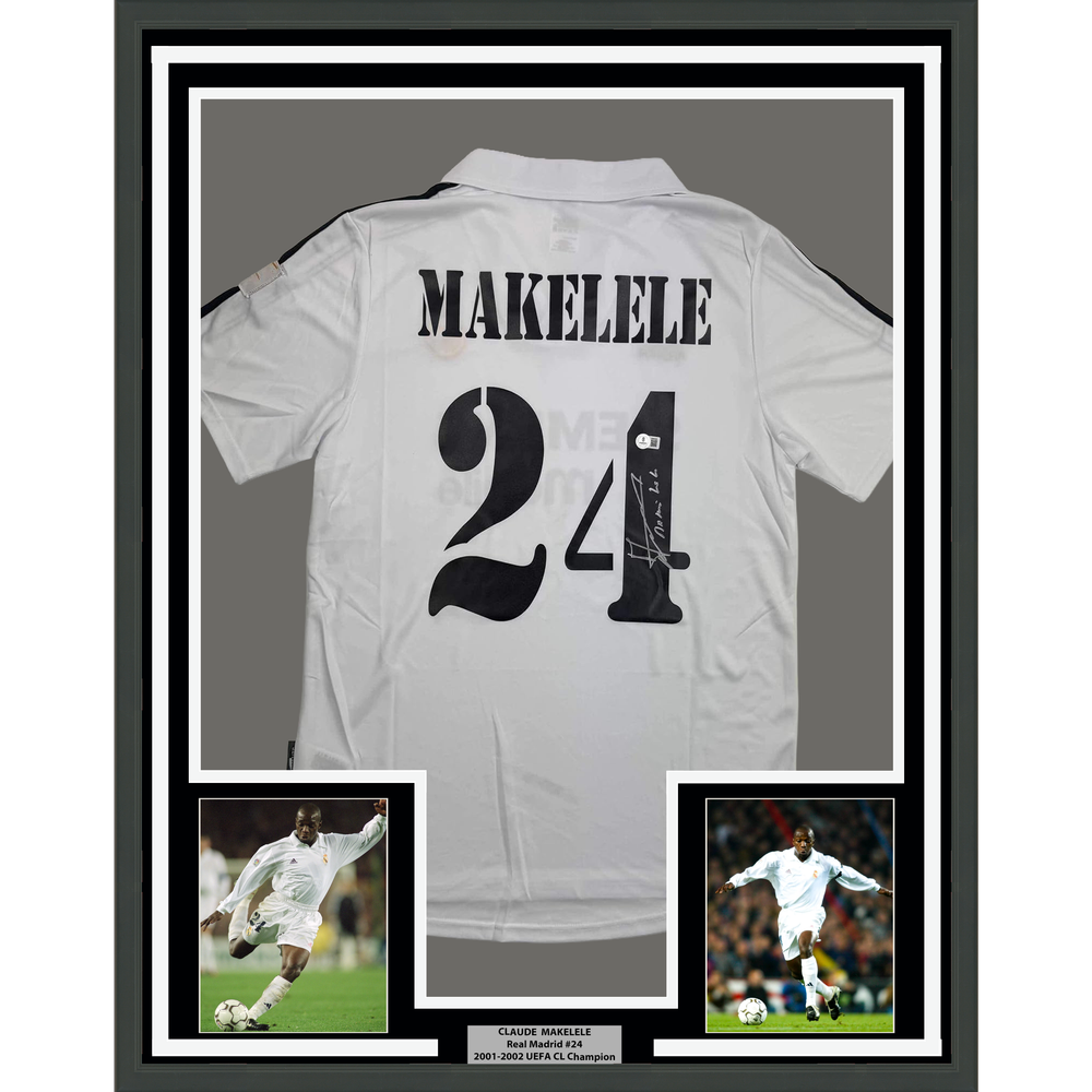 Framed Autographed/Signed Claude Makelele 35x39 Real Madrid White Soccer Jersey Beckett BAS COA