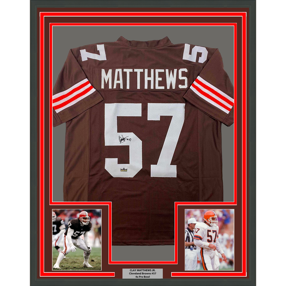 Framed Facsimile Autographed Clay Matthews Jr. 35x39 Cleveland Brown Reprint Laser Auto Football Jersey (ONLINE ORDER ONLY)