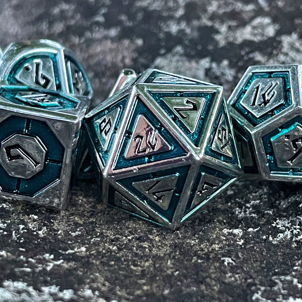 PRE-ORDER || Cleric's Domain Aqua And Silver Metal Dice Set