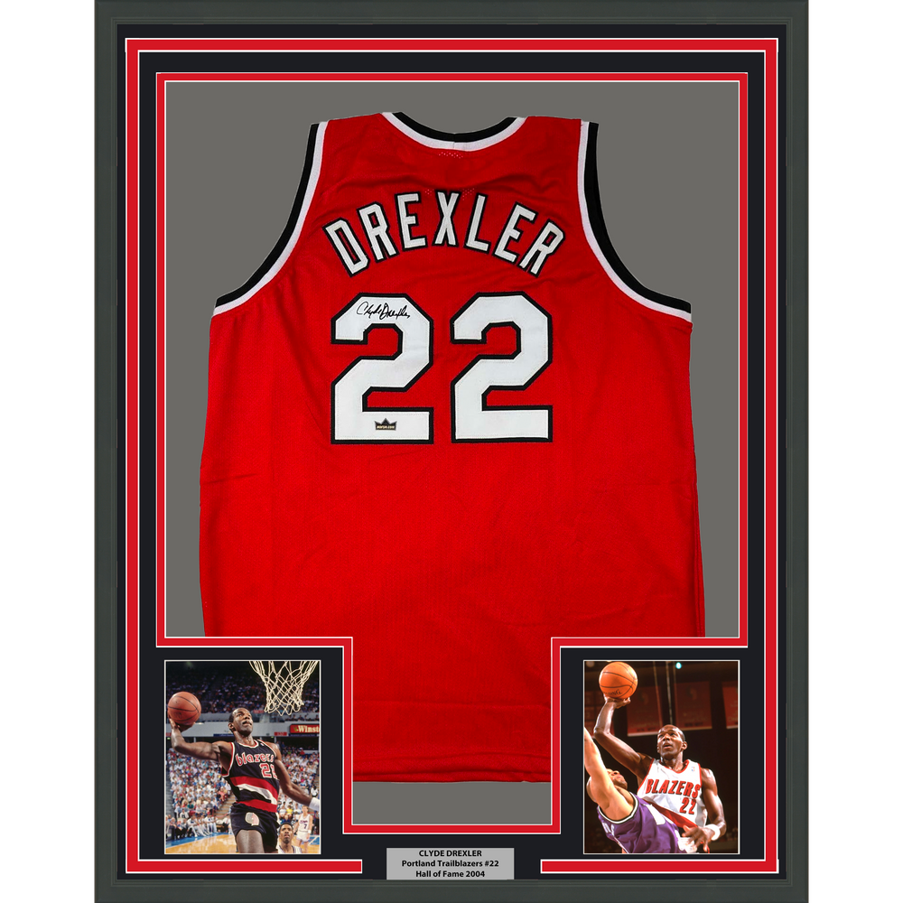 Framed Facsimile Autographed Clyde Drexler 35x39 Portland Red Reprint Laser Auto Basketball Jersey (ONLINE ORDER ONLY)