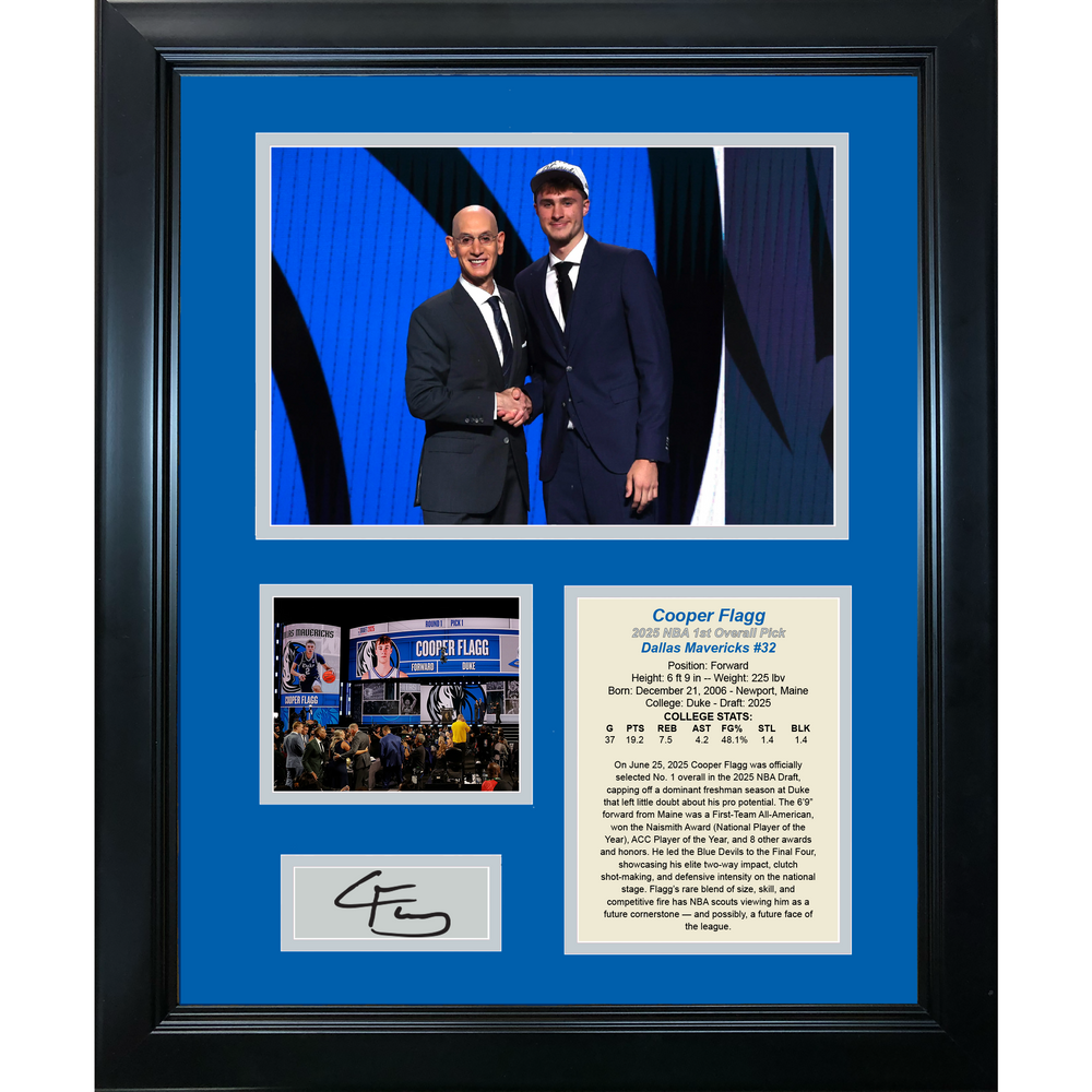 Framed Cooper Flagg 2025 NBA Draft 1st Pick Dallas Mavericks Facsimile Laser Engraved Signature Auto Basketball 11"x14" Photo Sig Collage (ONLINE ORDER ONLY)
