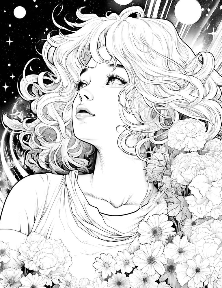 Cosmic Bloom Coloring Page | Celestial Floral Art Download (ONLINE ORDER ONLY)